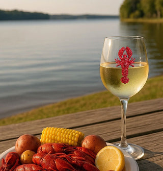 Wine glass with red jewel-encrusted lobster decal and light condensation is half-filled with white wine on a wooden picnic table next to a plate of lobster boil against a lakeside backdrop
