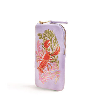 Rectangular purple eyeglass pouch with corner zipper features colorful embroidery of a lobster and ocean coral