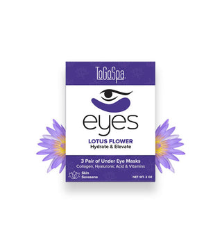 Purple and white packet of 3 pairs of ToGoSpa Eyes Lotus Flower Hydrate & Elevate Under Eye Masks flanked by two purple lotus flowers
