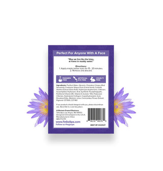 Reverse side of ToGoSpa Eyes Lotus Flower Hydrate & Elevate Under Eye Masks packet flanked by two purple lotus flowers