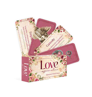 Love Affirmations card deck box and four fanned-out sample cards above, featuring Empathy and Curiosity