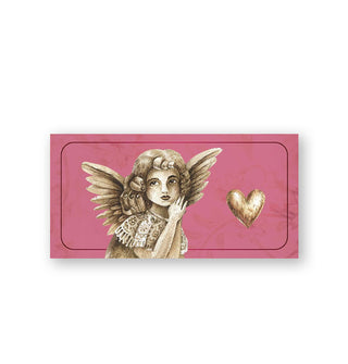 Rectangular pink card features illustration of a winged cherub and heart