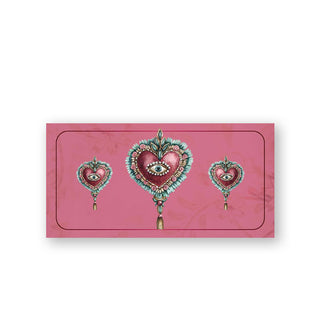 Rectangular pink card features illustration of three hearts with ornate borders and eyes in the centers