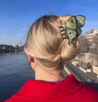 Model wears a luna moth hair clip against a Parisienne cityscape backdrop