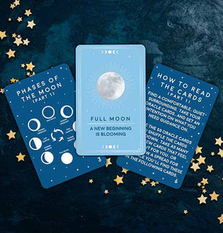 Sample cards from the Lunar Oracles deck features: Full Moon on top flanked by Phases of the Moon (Part 1) and How to Read the Cards (Part 1)