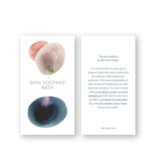 Front and back of a card from The Luxurious Bath Deck features a recipe for a "Skin Soother Bath" with watercolor orb accents