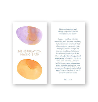 Front and back of a card from The Luxurious Bath Deck features a recipe for a "Menstruation Magic Bath" with watercolor orb accents