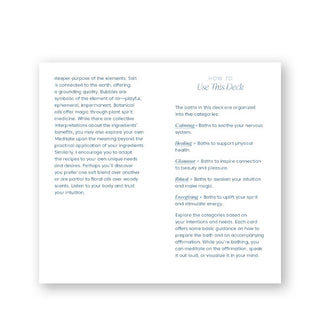 Page spread from The Luxurious Bath Deck handbook features a section titled, "How to Use This Deck"