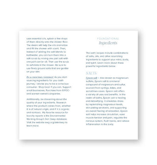 Page spread from The Luxurious Bath Deck handbook features a section titled, "Foundational Ingredients"