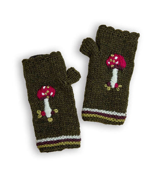 Pair of dark green fingerless gloves with thumb openings, scalloped top edge, mushroom embroidery, and striped wrist opening detail