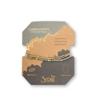 Labradorite and gold beaded bracelet/necklace wrapped around product card with gold foil design details