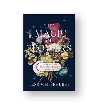 Dark blue cover of The Magic of Flowers by Tess Whitehurst features a colorful central illustration of a floral bouquet accented by stars