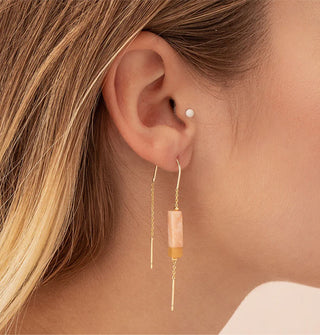 Model wears a threader earring with pink and yellow rectangular stones on gold chain