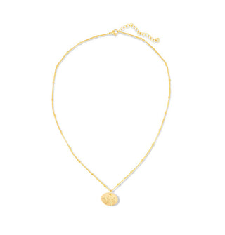 Etched gold oval pendant on gold satellite chain with extender and lobster claw clasp
