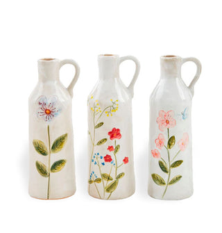 Three tall white handled stem vases with painted floral designs