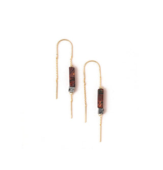 Pair of threader earrings with square and rectangular majestic jasper stones on gold chain