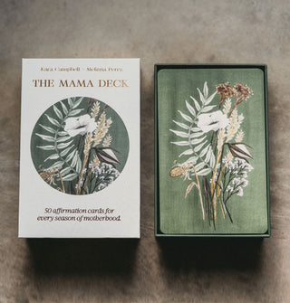 Opened box of The Mama Deck cards reveals card back inside and features matching floral designs on both in a green, brown, and white color palette