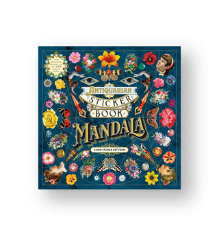 Dark teal cover of The Antiquarian Sticker Book: Mandala features all-over colorful designs of flowers, insects, figures, and other objects