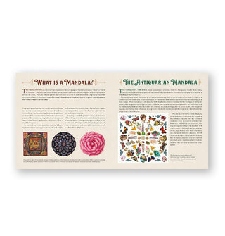 Page spread from The Antiquarian Sticker Book: Mandala features sections with illustrations titled, "What is a Mandala" and "The Antiquarian Mandala"