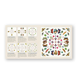 Page spread from The Antiquarian Sticker Book: Mandala features step-by-step directions for creating mandala patterns with stickers accompanied by diagrams alongside a larger completed project sample