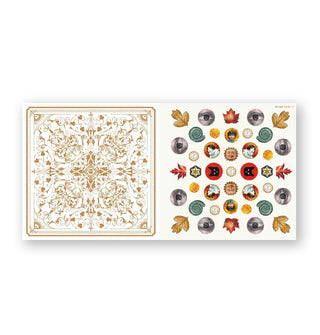 Page spread from The Antiquarian Sticker Book: Mandala features a patterned page alongside small stickers of randomized designs