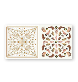 Page spread from The Antiquarian Sticker Book: Mandala features a patterned page alongside small stickers of hand and eye designs