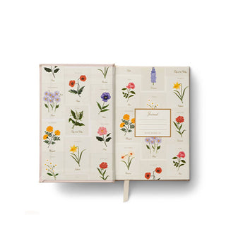 Inside cover of a journal with colorful floral illustrations
