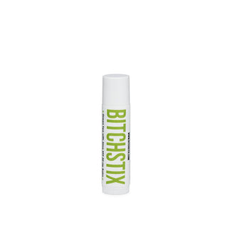 White tube of Bitchstix lip balm with large green lettering