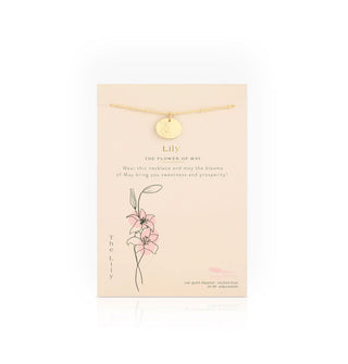 Birth month flower necklace card features the flower for May: The Lily