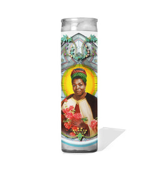 Tall glass prayer candle with label illustration depicting Maya Angelou as a saint