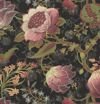 Black wallpaper with a bold floral print and Celtic knot symbols interwoven throughout