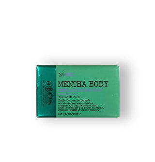 Two-tone green C. O. Bigelow Mentha Body Exfoliating Bar Soap No. 1413 packaging with black and blue lettering