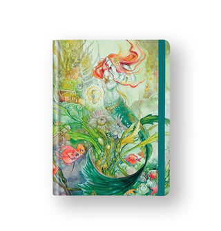 Hardcover journal features intricate underwater mermaid artwork and an attached teal band is stretched across the cover