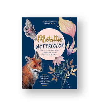 Dark blue cover of Metallic Watercolor features illustrations of a butterfly, Siamese fighting fish, fox, and flowers