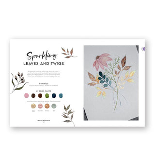 Page spread from Metallic Watercolor features a section titled, "Sparkling Leaves and Twigs" alongside a photograph of floral illustration accented with gold