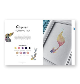 Page spread from Metallic Watercolor features a section titled, "Siamese Fighting Fish" alongside a photograph of an illustration of a colorful fish with a dramatically long fin