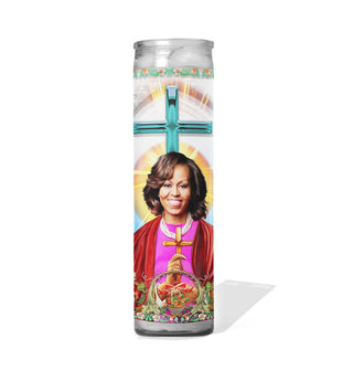 Tall glass prayer candle with colorful label depicting Michelle Obama as a saint