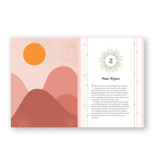 Page spread from Mindful Astrology features chapter 2, titled "Sun Signs" alongside a stylized illustration of the sun rising over rounded mountains
