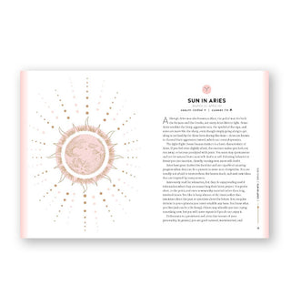 Page spread from Mindful Astrology features a section titled, "Sun in Aries" alongside a radiant sun illustration