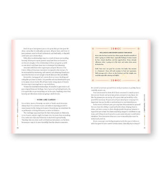 Page spread from Mindful Astrology features blocks of text with pink page edges