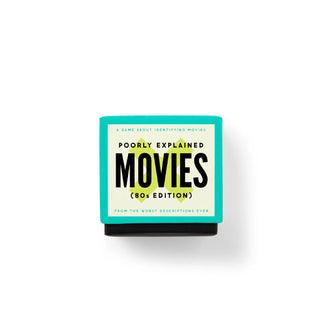 Black, white, and teal box of Poorly Explained Movies (80s Edition) with lime green X accent in the middle