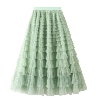 Long, full, light green tiered tulle skirt