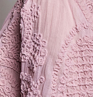 Closeup of intricate crochet patterning on a sheer pink blouse