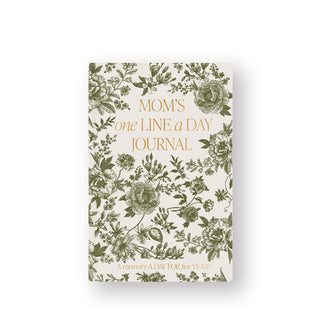 Cream-colored cover of Mom's One Line a Day Journal with green floral Delft pattern and gold lettering