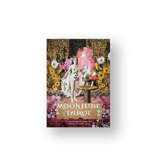 Moonjube Tarot deck box features collage artwork of a maiden among flowers