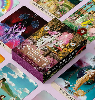 Moonjube Tarot box flanked by sample cards from the deck, all featuring collage artwork