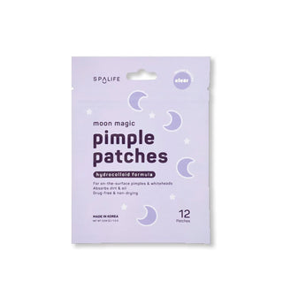 Rectangular purple 12-pack of Spa Life Moon Magic Hydrocolloid Formula Pimple Patches with crescent moon and star graphics
