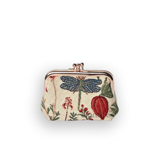 Fabric change purse with gold kisslock frame and hardware features floral and dragonfly print