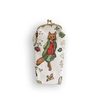 Fabric eyeglass pouch with gold kisslock frame and hardware features print of Beatrix Potter's Mr. Tod