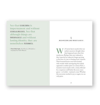 Page spread from Mushroom Hunting features chapter 1, titled, "Mushrooms and Mindfulness" alongside a quote by Thích Nhât Hanh